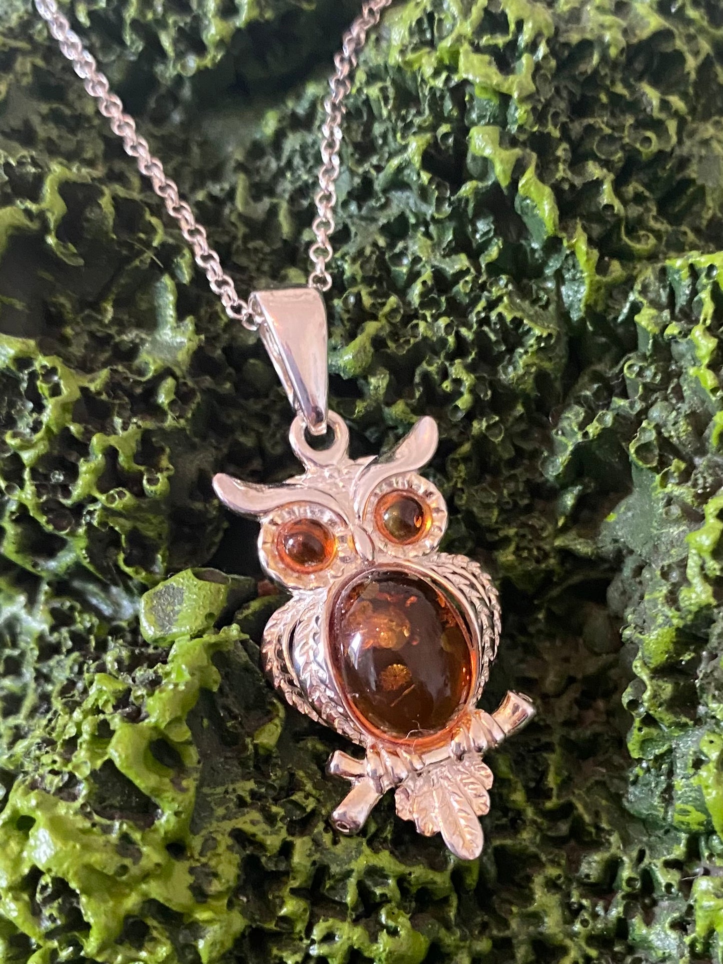 925 Silver & Amber Owl Pendant