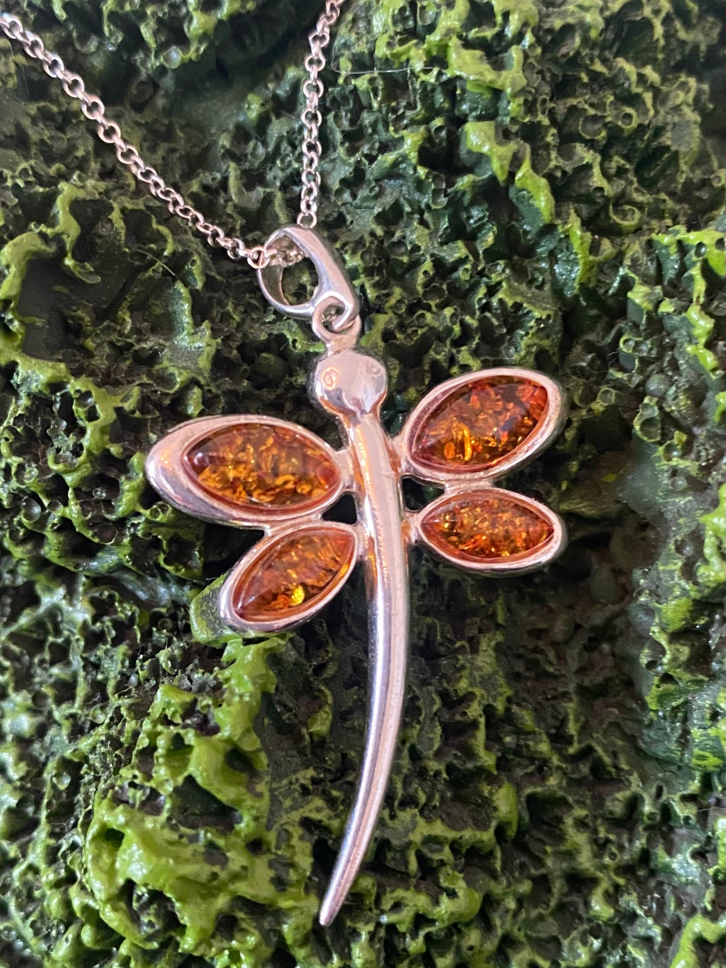 925 Silver & Amber Dragonfly Pendant