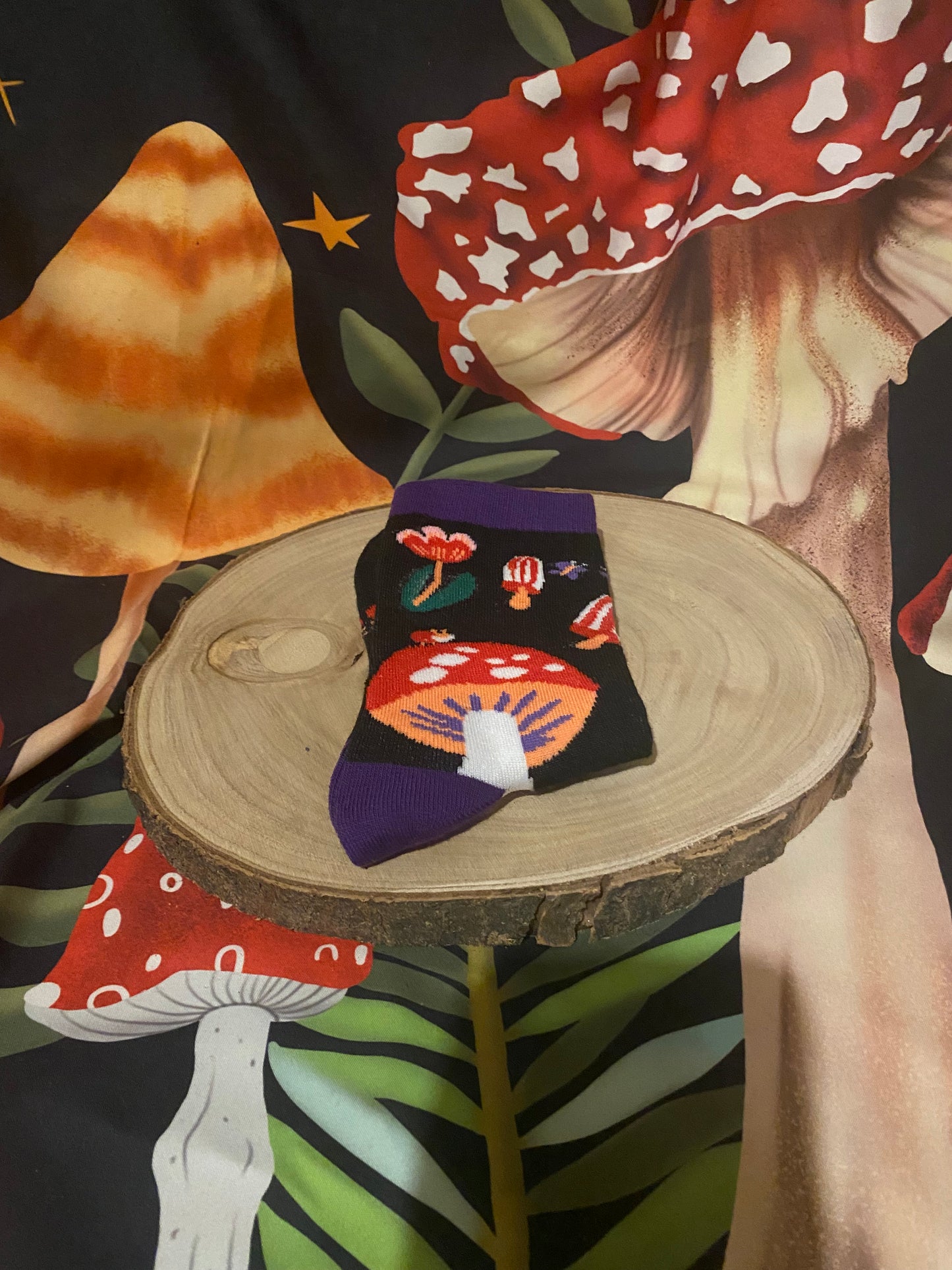 Black & Purple Mushroom Socks ~ Womens size 3-7 U.K.