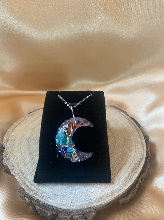 7 Chakra Healing Crystal Crescent Moon Pendant Necklace