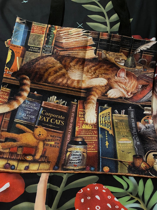 Sleepy Cat on Bookshelves Tote Bag