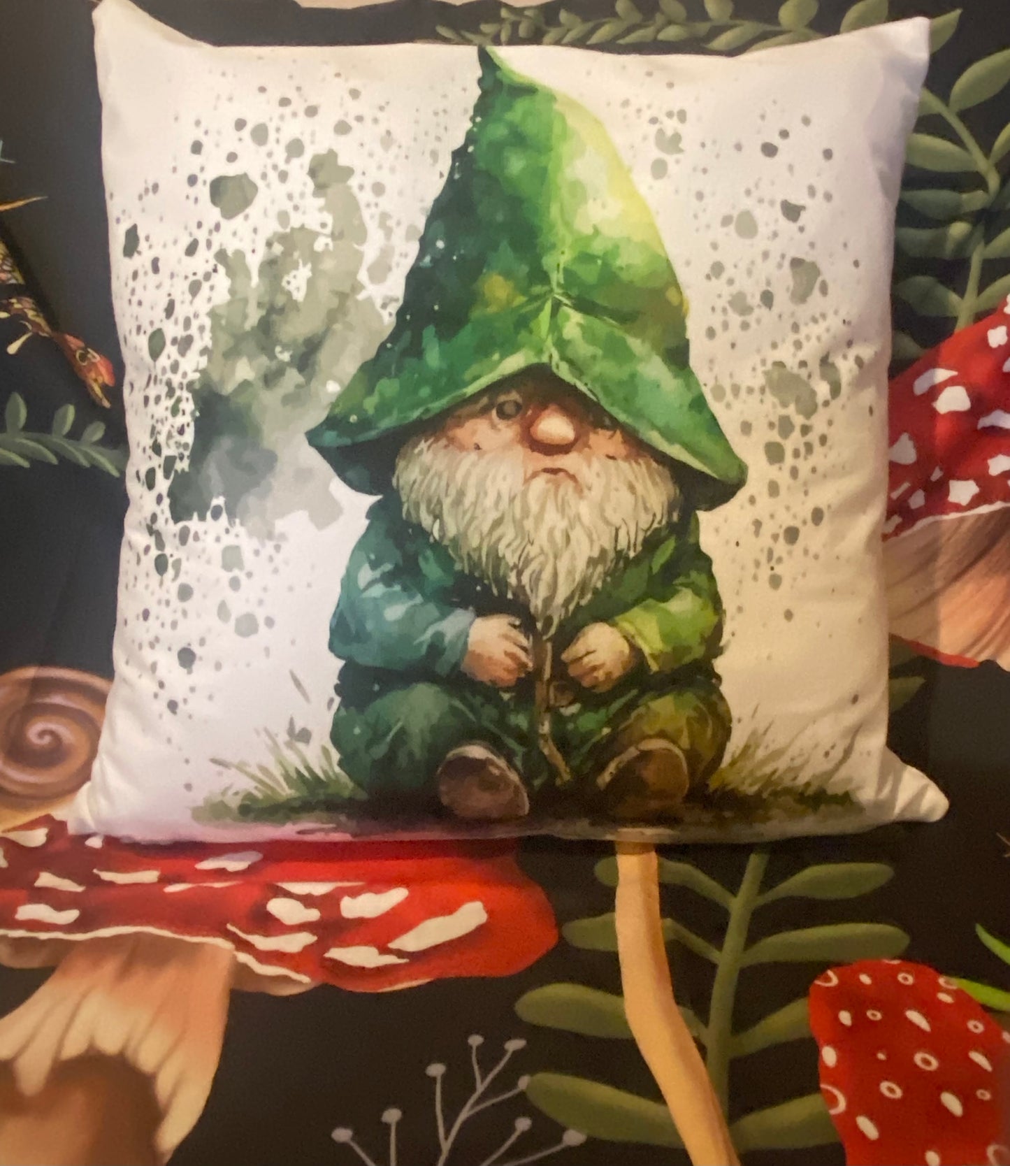 Gnome in Green Hat & Raincoat Cushion