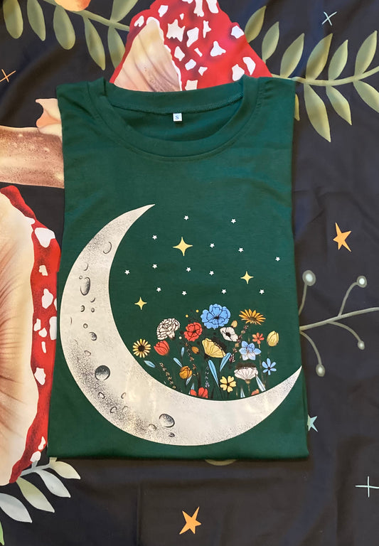 Crescent Moon & Flowers T~Shirt in Green